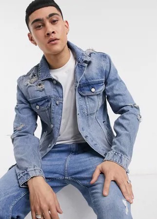 Голубая джинсовая куртка с рваной отделкой ASOS DESIGN-Голубой