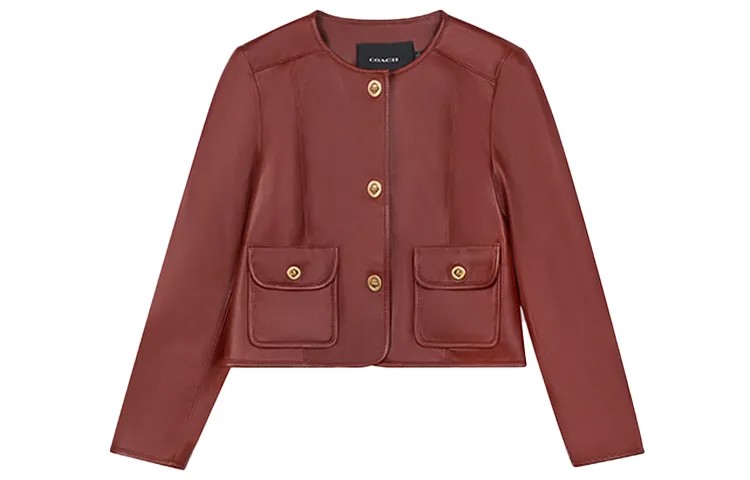 COACH Женская кожаная куртка, цвет Saddle brown