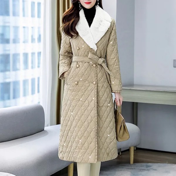 Куртка женская клетчатая с поясом, приталенная теплая парка из хлопка, пуховик со стразами, пальто в Корейском стиле, зимняя одежда