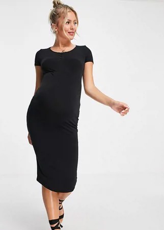 Базовое трикотажное платье миди черного цвета с короткими рукавами Flounce Maternity-Черный цвет