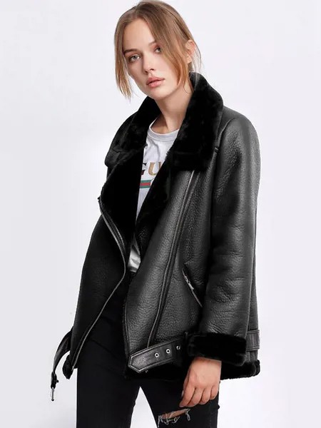 Milanoo Women Moto Jacket Leather Like Faux Shearling Zipper Buckle Biker Jacket