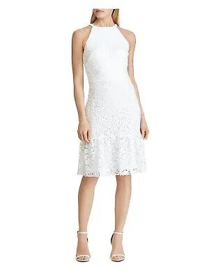RALPH LAUREN Женское белое кружевное коктейльное платье-футляр длиной до колена с лямкой на шее 8