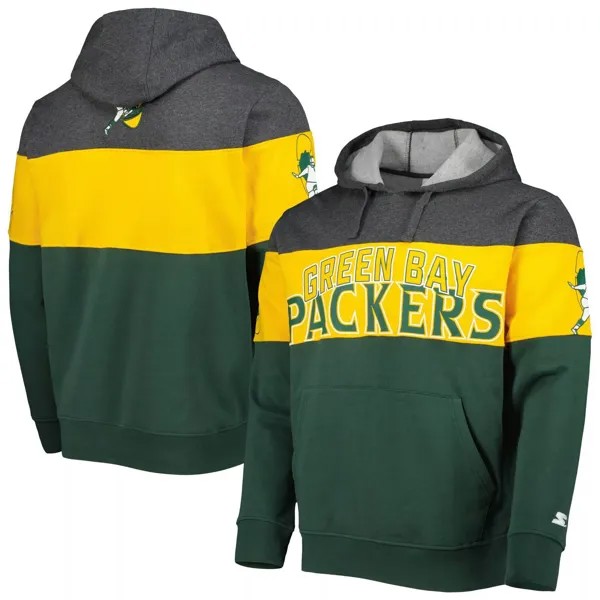 Мужской стартовый зеленый/вересковый темно-серый пуловер с капюшоном Green Bay Packers Extreme Vintage Logos Starter