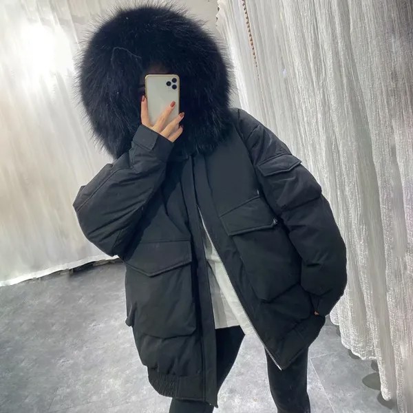 Женское пуховое пальто на белом утином пуху, короткая парка с воротником из натурального меха енота, утепленная Свободная куртка-пуховик с ...