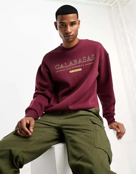 Бордовый свободный свитшот Jack & Jones с принтом Calabasas