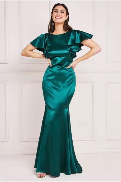 Атласное платье-русалка с развевающимися рукавами макси Goddiva, зеленый
