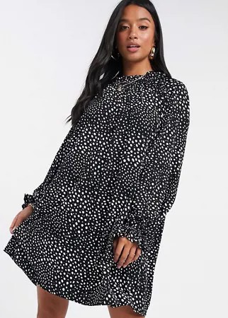 Свободное платье мини с оборками на воротнике в черно-белый горошек ASOS DESIGN Petite-Коричневый