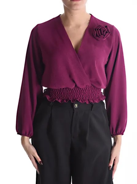 Блуза с V-образным вырезом на резинке, лиловый