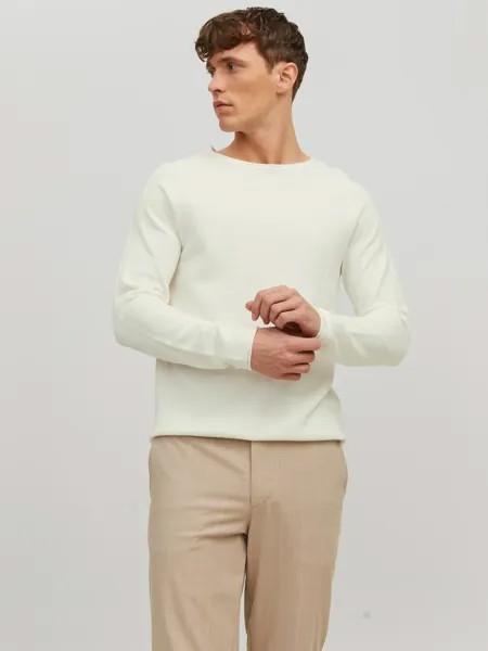Пуловер Jack & Jones Rundhals Strick Langarm Sweater aus Baumwolle JJEHILL, белый