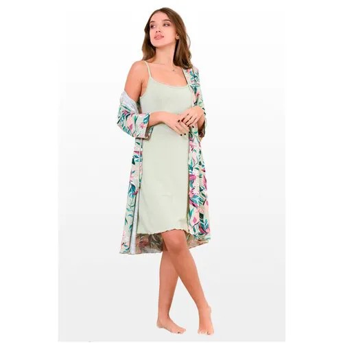 Пеньюар женский София комплект сорочка и халат, цвет оливковый, размер 56