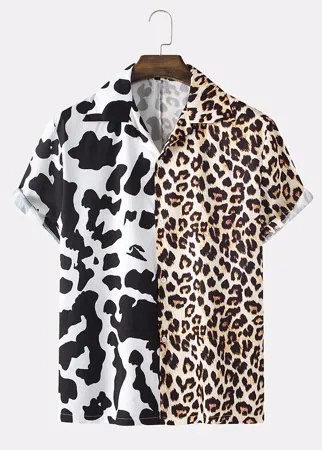 Мужской леопард и корова Шаблон Revere Collar Patchwork Regular Hem Рубашка