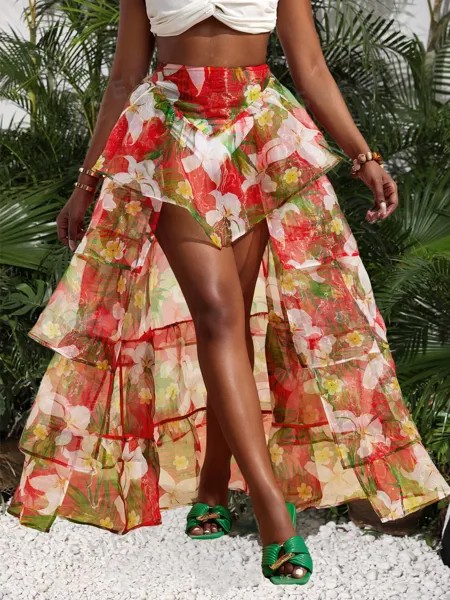 SHEIN Slayr - женская юбка с высоким и низким подолом с цветочным принтом для отдыха, многоцветный