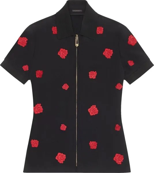 Рубашка Versace Zip Up Rose Embroidered Short-Sleeve 'Black', черный