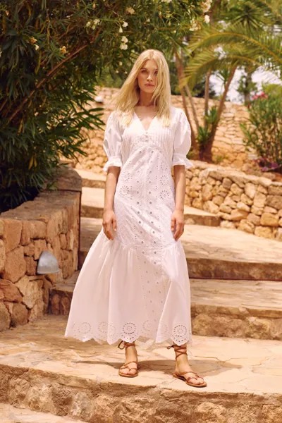 Платье макси смешанного цвета с вышивкой бродери на пуговицах и пышными рукавами спереди Warehouse, белый