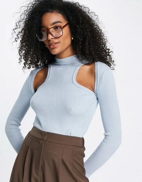 Голубой трикотажный лонгслив с вырезами Topshop