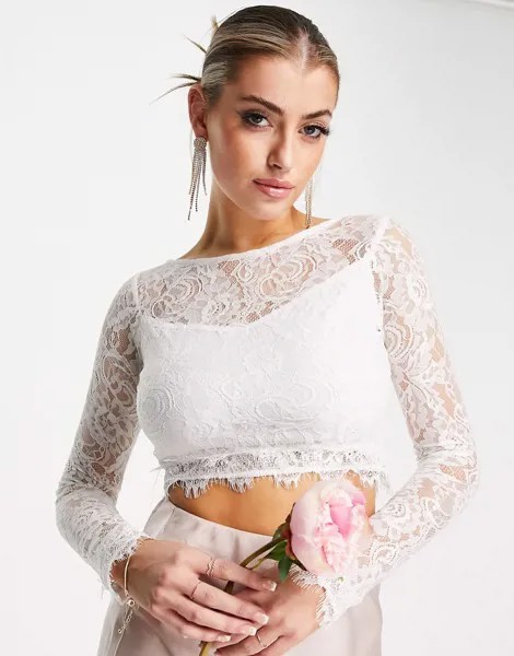 Кружевной топ цвета слоновой кости с длинными рукавами от комплекта Lace & Beads Bridal – Выбирай и Комбинируй-Белый