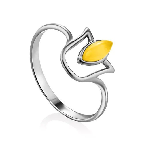 Amberholl Тонкое нежное кольцо «Тюльпан» из серебра и янтаря медового цвета