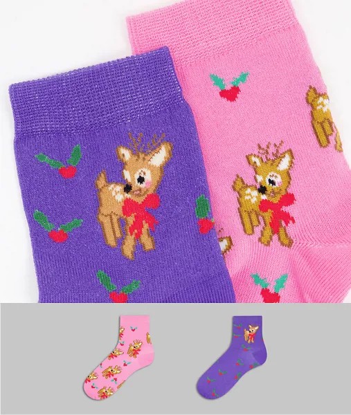 Набор из 2 пар носков с узором в виде оленя в новогоднем стиле ASOS DESIGN-Разноцветный