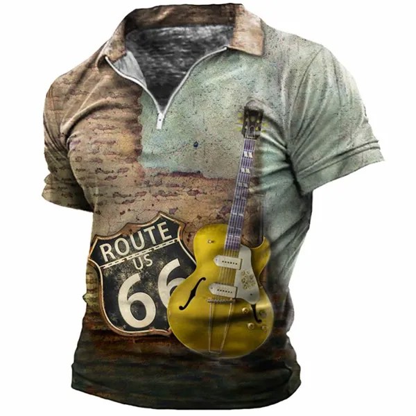 Мужская винтажная футболка-поло Route 66 с принтом под гитару на молнии