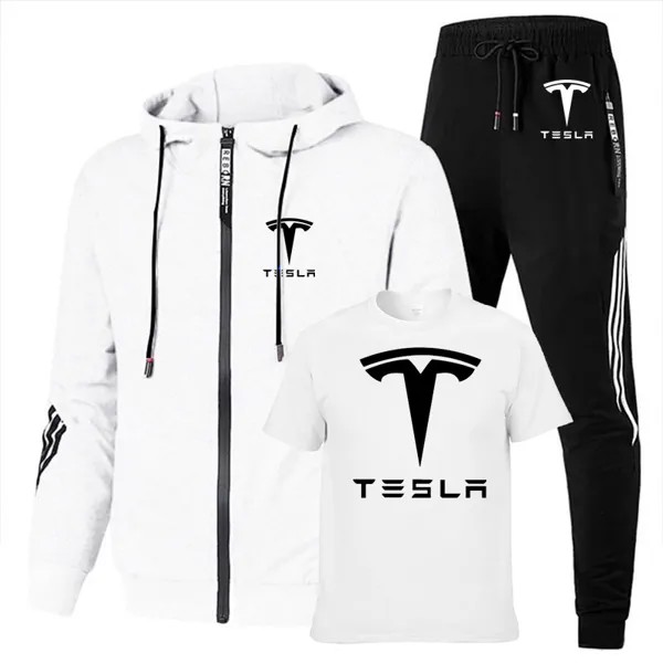 Мужские костюмы с принтом логотипа Tesla Car, весенние высококачественные хлопковые Модные полосатые хлопковые мужские свитшоты + футболка + сп...
