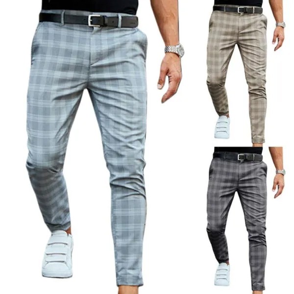 Мужчины костюм Drawstring Брюки Проверить Slim Fit Тощий Мягкий растянуть Smart Случайные Длинные брюки Работа Офис Брюки
