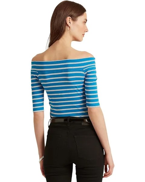Футболка LAUREN Ralph Lauren Striped Off Shoulder Stretch Cotton Tee, цвет Tropic Royal/Mascarpone Cream