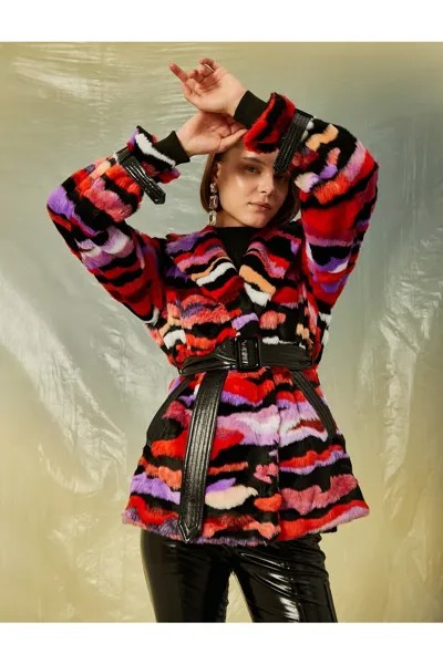 Короткое плюшевое пальто с поясом и цветными блоками Koton, разноцветный