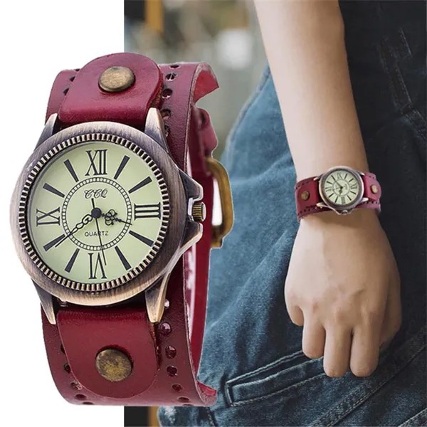 Мода Роскошные винтажные кожаные браслеты Часы Женщины Наручные часы Повседневные кварцевые часы