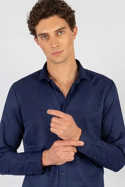 Современная приталенная однотонная атласная хлопковая мужская рубашка темно-синего цвета TUDORS, темно-синий