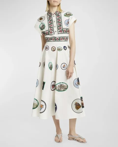 Платье-рубашка миди с мозаичным принтом и короткими рукавами Giambattista Valli, цвет Ivory/Multi