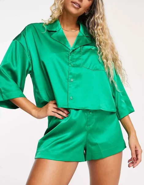 Атласные шорты-пижамы Monki ярко-зеленого цвета