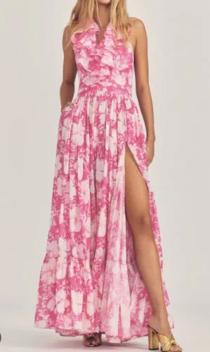 Розовое платье макси LoveShackFancy Marinette с разрезом и оборками и бретелькой на шее 2