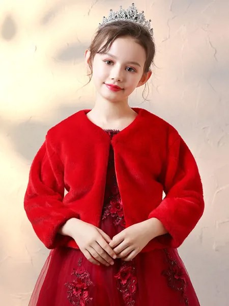 Milanoo Flower Girl Wraps Red Long Sleeves Faux Fur Coat Flower Girl Winter Blouse