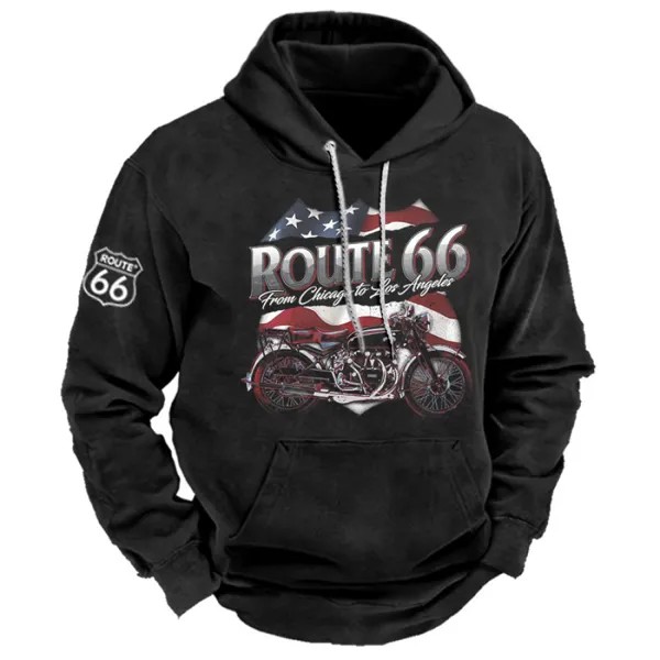 Мужская толстовка с капюшоном Vintage Route 66 Motorcycle Print Pocket Sweatshirt