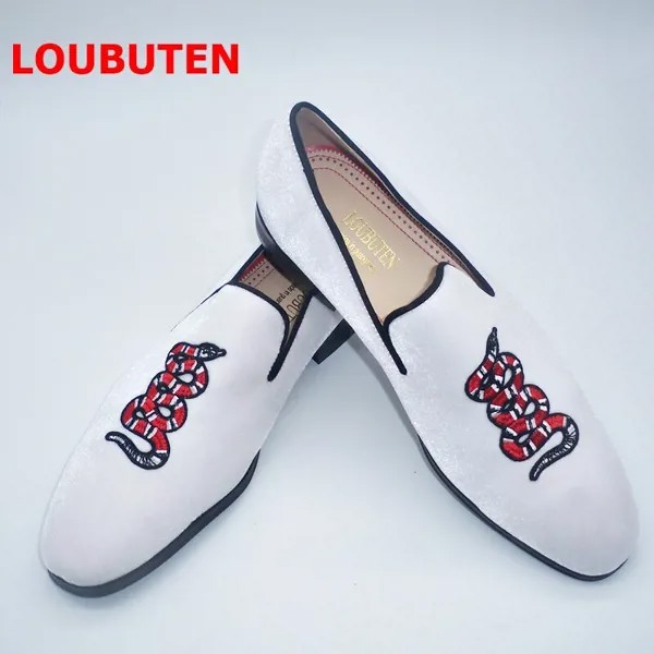 Туфли LOUBUTEN мужские с вышивкой, белые бархатные Лоферы со змеиным узором, без застежки, вечерняя Обувь для выпускного вечера, модные тапочки