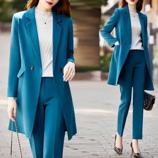 Корейский высококачественный весенний официальный женский костюм для работы офисная форма длинный Блейзер Куртка тренчкот Брюки 2 предмета