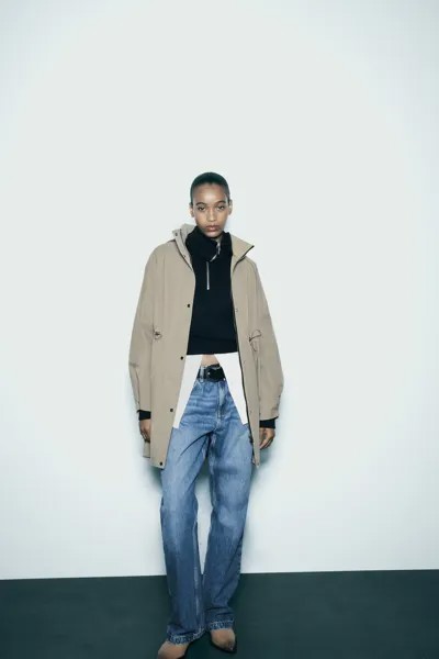 Длинная куртка с капюшоном ZARA, хаки