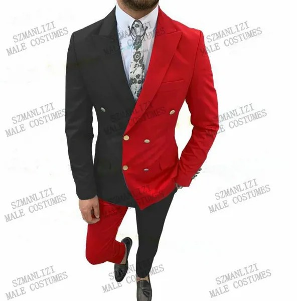 Модный двубортный мужской костюм с заостренным лацканом, черный, красный классический костюм для шафера, для свадебной вечеринки, для лучшего мужчины, облегающее платье, смокинг, 2 предмета
