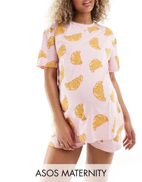 ASOS DESIGN Maternity - Розовая пижама с круассаном: футболка и шорты оверсайз