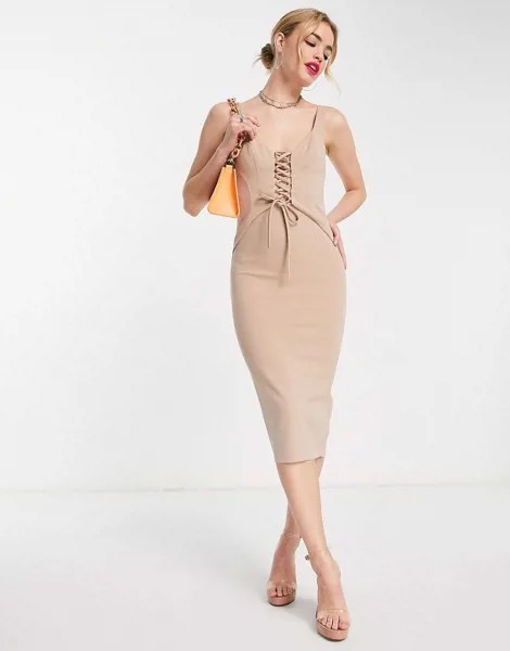 Платье миди серо-бежевого цвета со шнуровкой спереди и корсетом ASOS DESIGN-Коричневый цвет