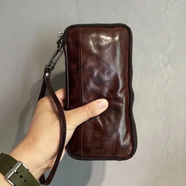 Новый кожаный кошелек, мужская длинная ретро-сумка на молнии, Южная Корея, простая мужская сумка-клатч из воловьей кожи