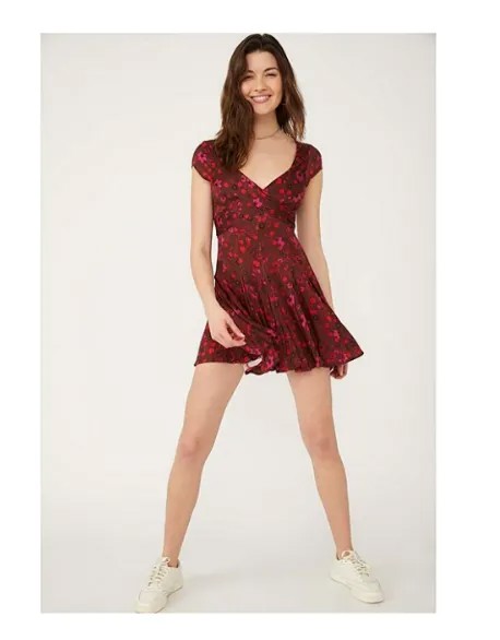 FREE PEOPLE It Takes Two Мини-платье с глубоким V-образным вырезом и завязками на рукавах с цветочным принтом S