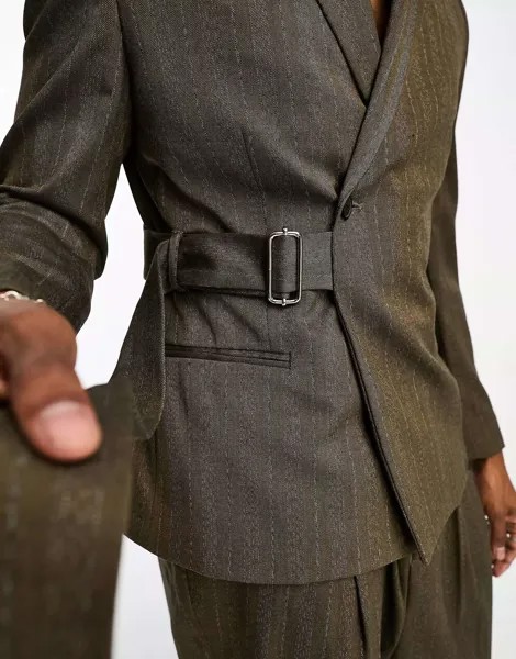 Узкий пиджак в полоску в тон с поясом ASOS