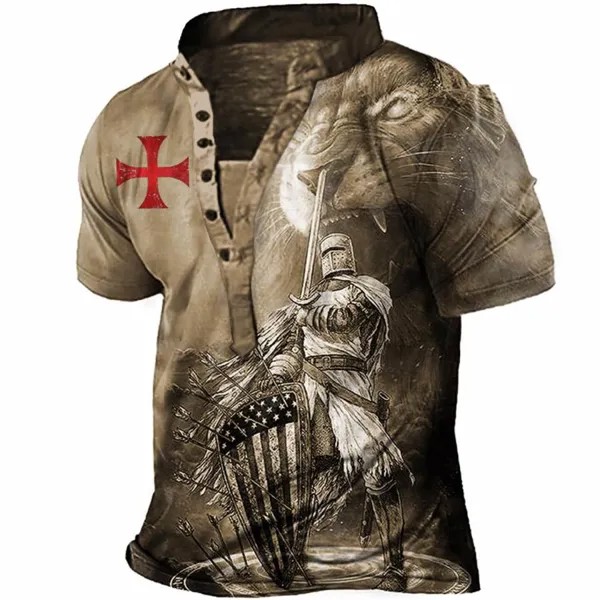 Мужская винтажная футболка Henley с принтом Templar Lion Cross
