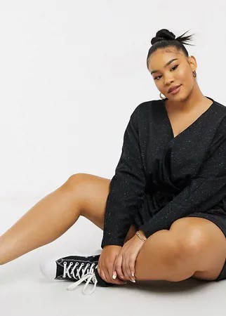 Черное платье мини из трикотажа в крапинку с длинными рукавами и запахом ASOS DESIGN Curve-Черный