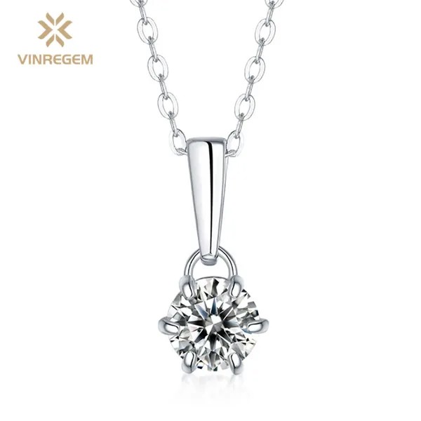 Vinregem Classic 100% 925 стерлингового серебра VVS1 1 CT Реал Муассанит Драгоценный камень Свадебный энгамент Кулон Ожерелье Тонкие ювелирные изделия