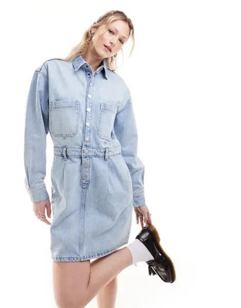 Dr Denim – Teegan – Голубое свободное джинсовое мини-платье с длинными рукавами