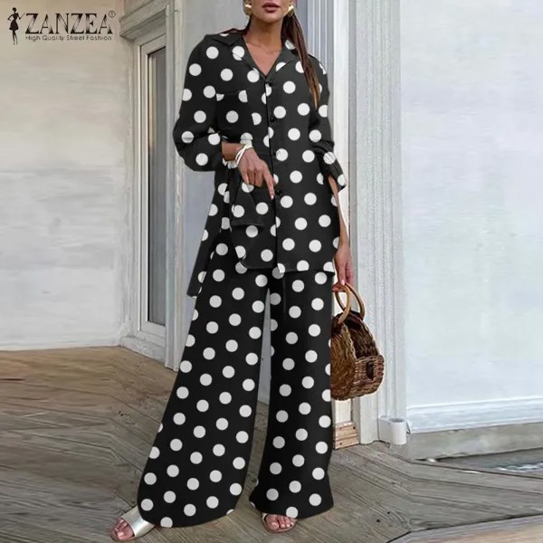 ZANZEA 2PCS Комплекты Весенние женщины Горошек Топы Эластичная талия Широкие брюки Брюки