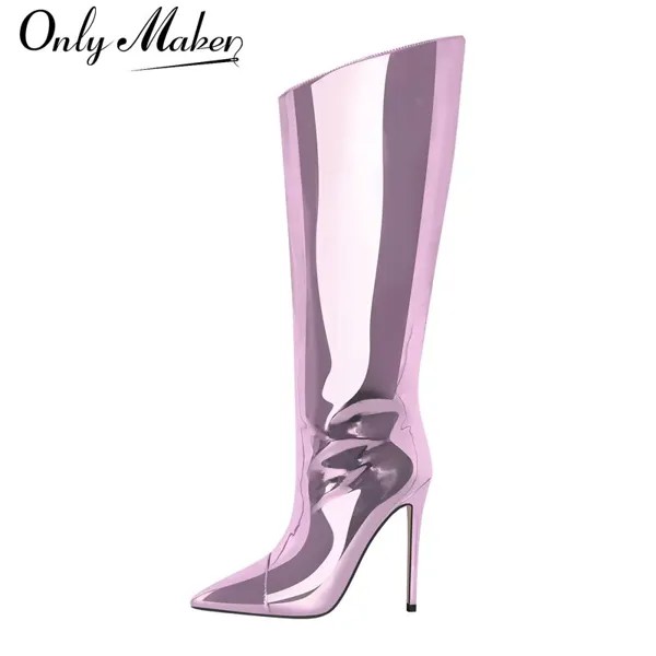 Женские высокие сапоги Onlymaker на шпильке, металлические, фиолетовые, золотые, из лакированной кожи, модные ботинки на тонком каблуке