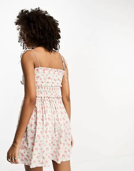 Розовый мини-сарафан с бантом и присборенной талией ASOS DESIGN